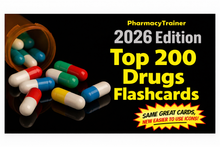 PharmacyTrainer 2026 Top 200 Drugs Flashcards for pharmacy technician students with colorful medication capsules and updated study icons