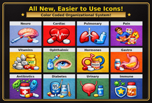PharmacyTrainer Top 200 Drugs Flashcards color-coded organizational system with icons for major medication categories