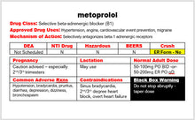 PharmacyTrainer metoprolol flashcard for pharmacy technician students showing beta blocker class, approved uses, dosing, safety warnings, adverse reactions, and contraindications